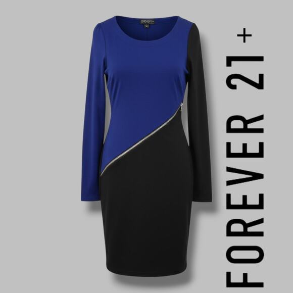 Forever 21+ Blue & Black Colorblock Dress Women’s XL | Long Sleeve Zip accent - Picture 8 of 9